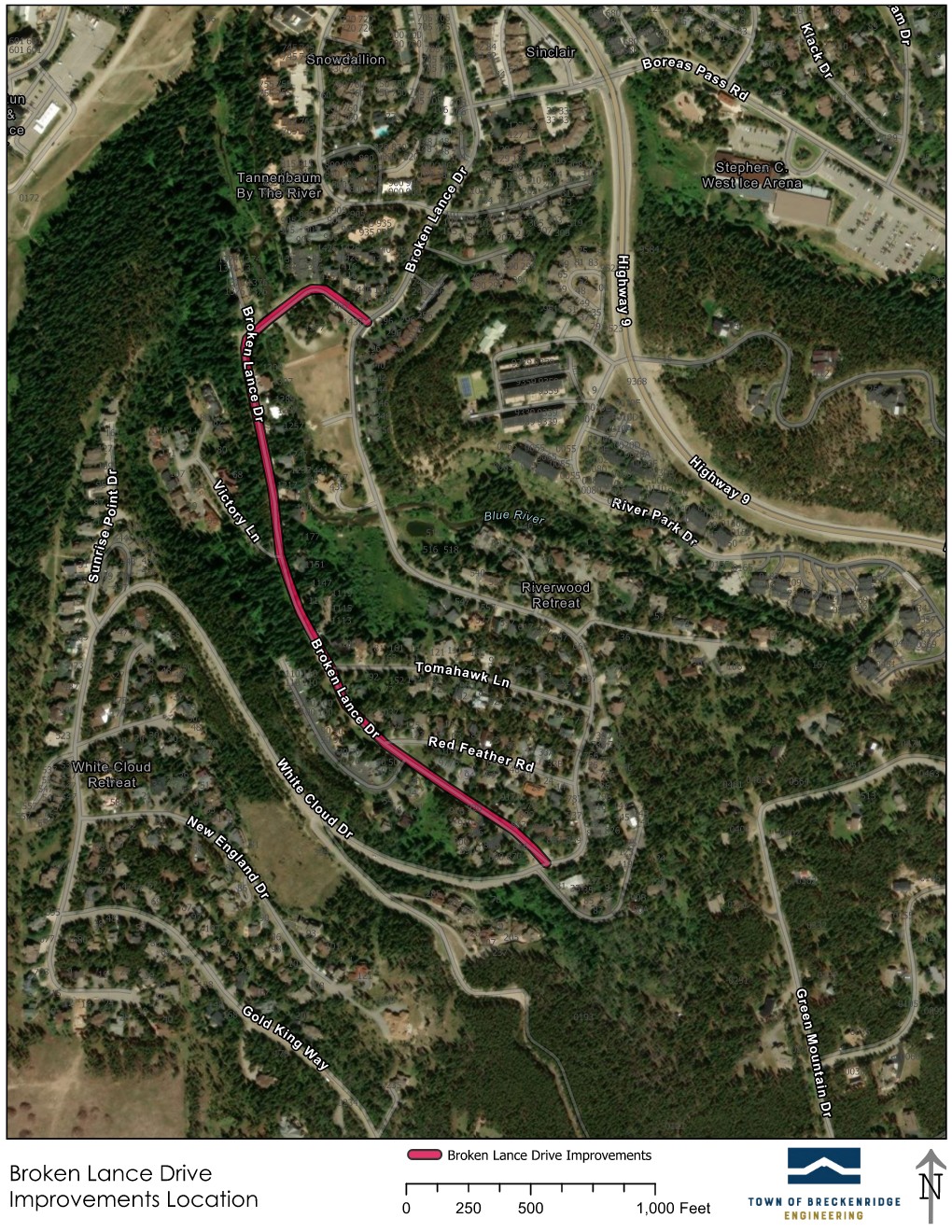 GIS map of Broken Lance Drive noting construction zone